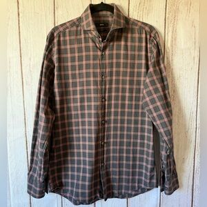 Hugo Boss Slim Fit Plaid Long Sleeve Button Up Shirt - Brown and Mauve 15.5